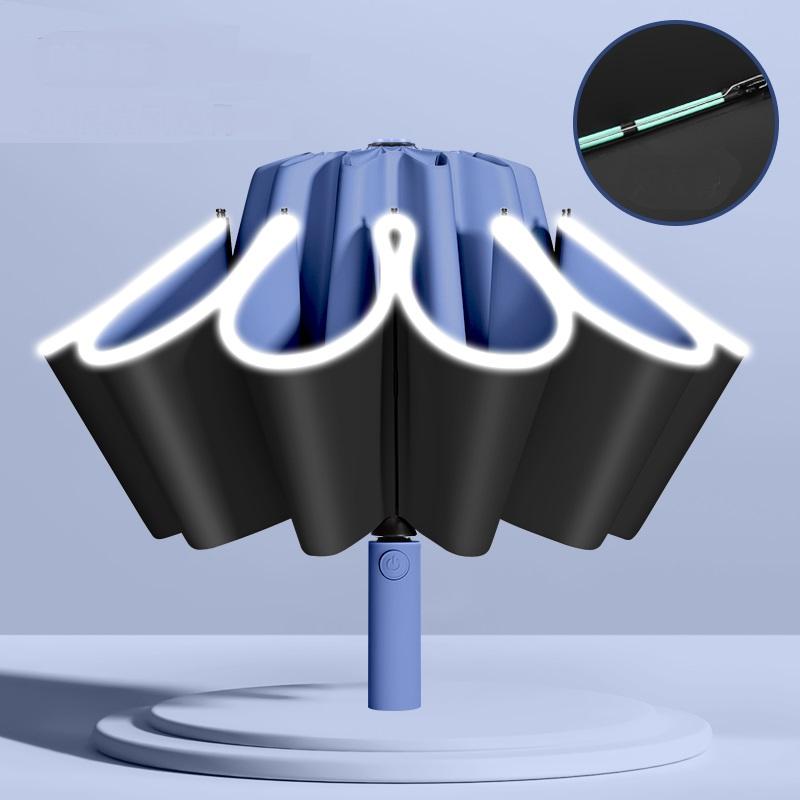 Waterproof Windproof 10-Rib Travel Compact Foldable Automatic Umbrella, 1 Count Safety Umbrella with Reflective Strip, Automatic Folding Umbrella