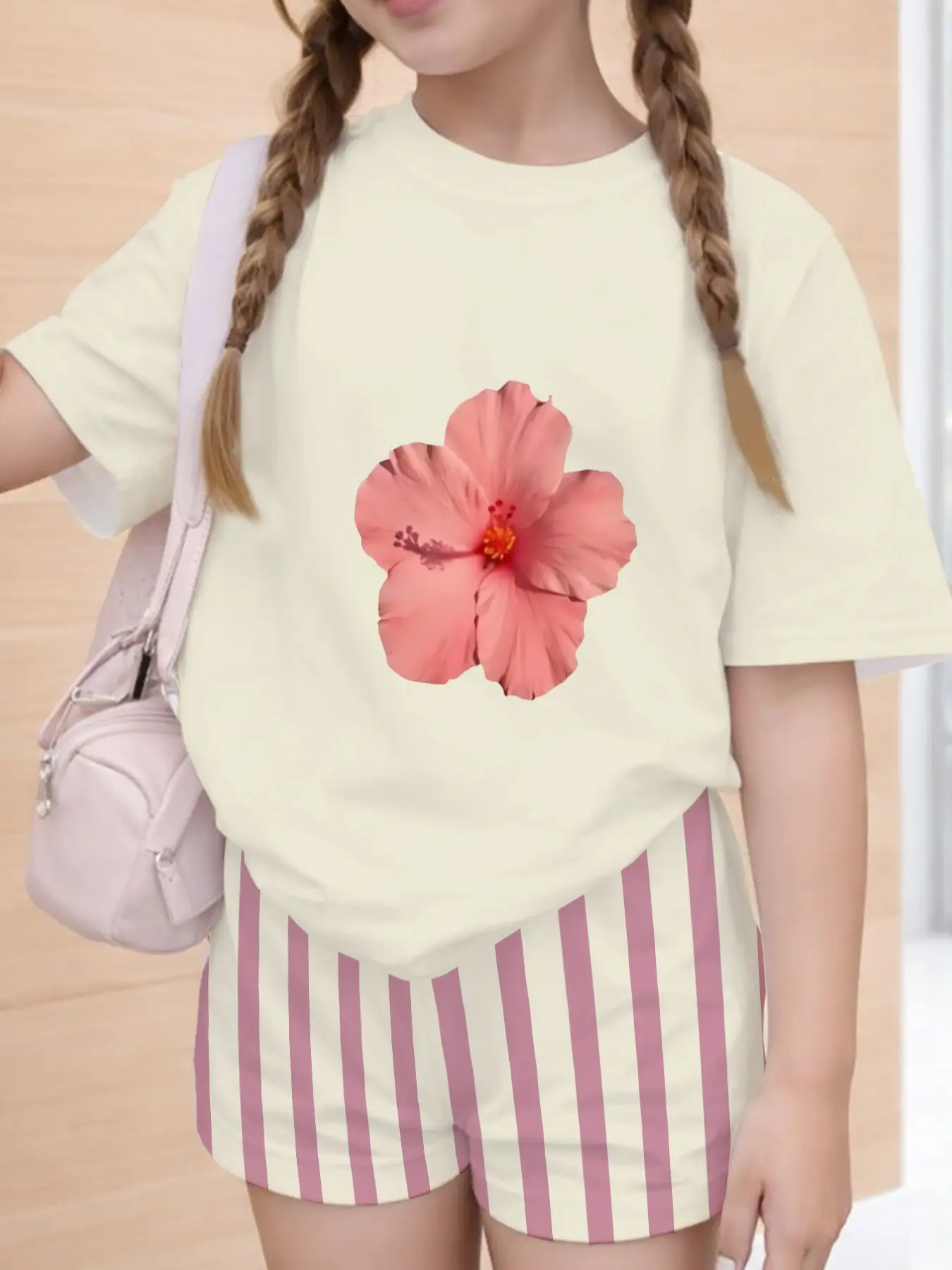2-Piece Teen Girl Floral Print Crewneck T-Shirt and Striped Shorts Set, Fitted, Summer Fashion, Casual Street Style, Artistic Atmosphere, Clothes, Apparel