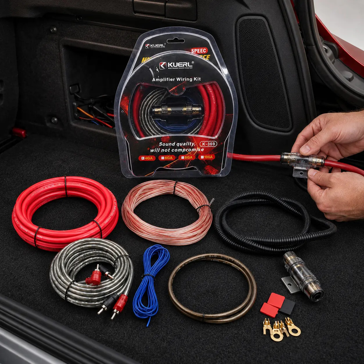 Full 4 Gauge Audio Wiring Kit, Complete Components for 2300W Car Amplifier Subwoofer Setup