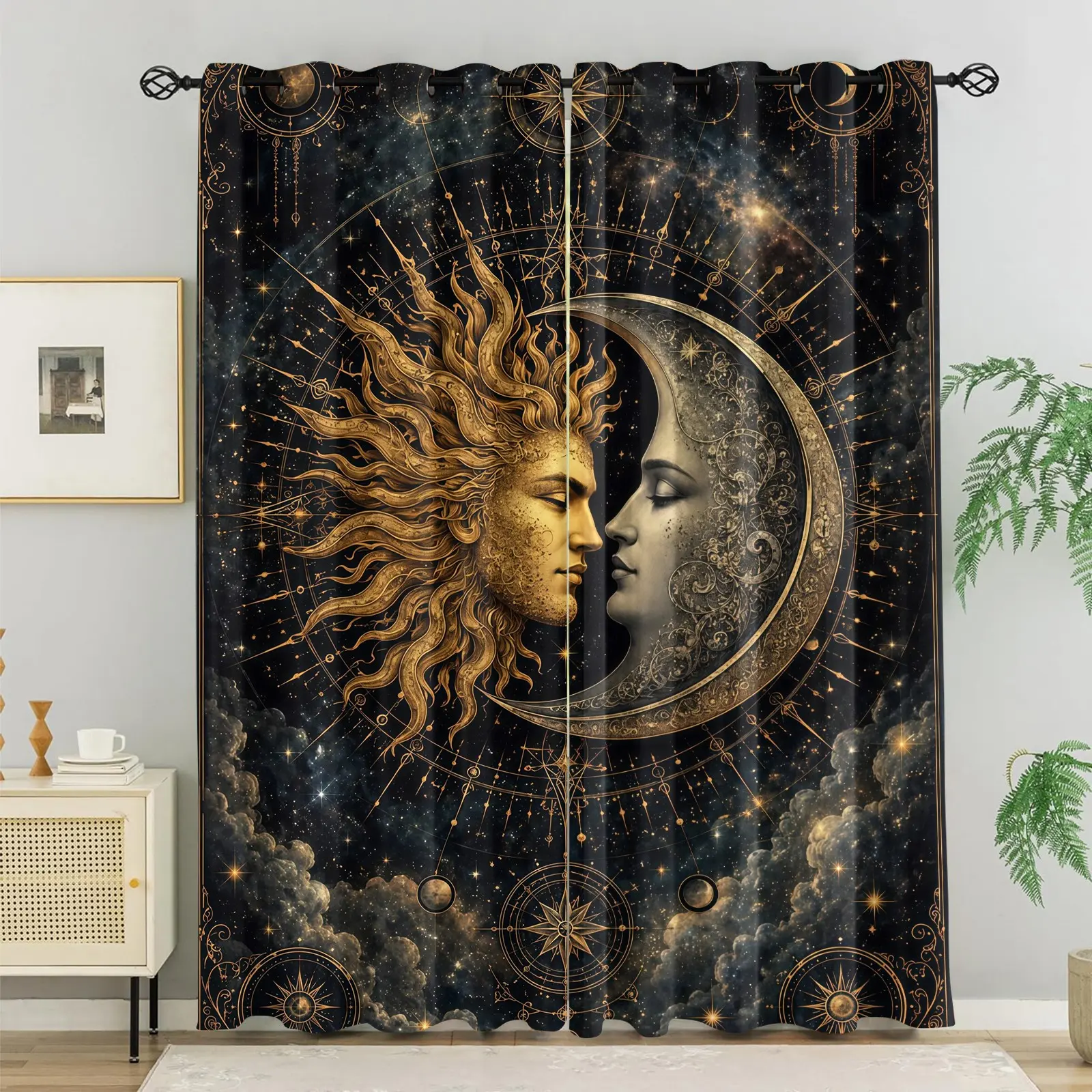 Curtain Set of 2 with Vintage Sun & Moon Celestial Astrology Print Patterns, Suitable for Living Room, Balcony & Bedroom Windows, Perfect Seasonal & Holiday Home Room Decorations