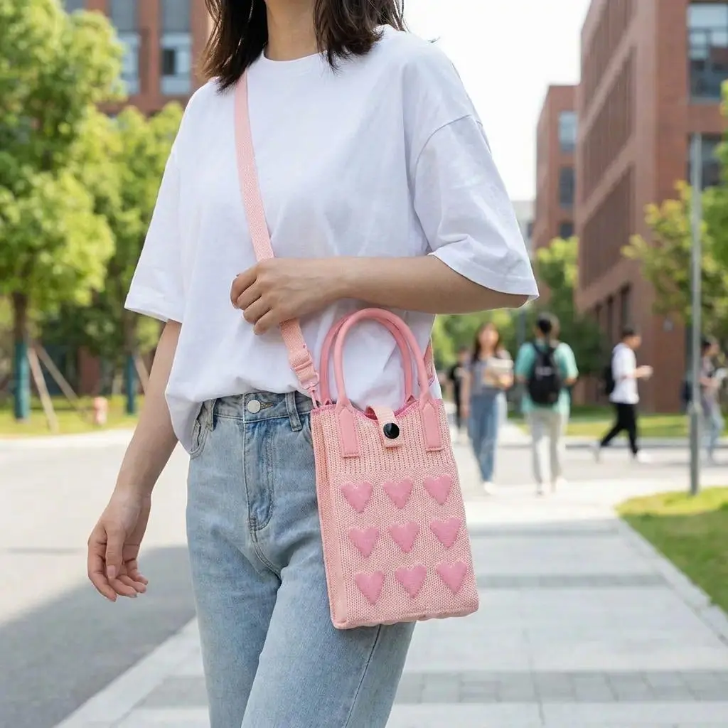 Women's Tencel Plain Satin Washable Cotton Aesthetic Heart Pattern Knit Crossbody Bag - Viral Korean Style, Cute Multi-Pocket Organizer with Coin Pouch, Lightweight for School, Casual Daily Use, Crossbody Strap, Italian Look, Chic