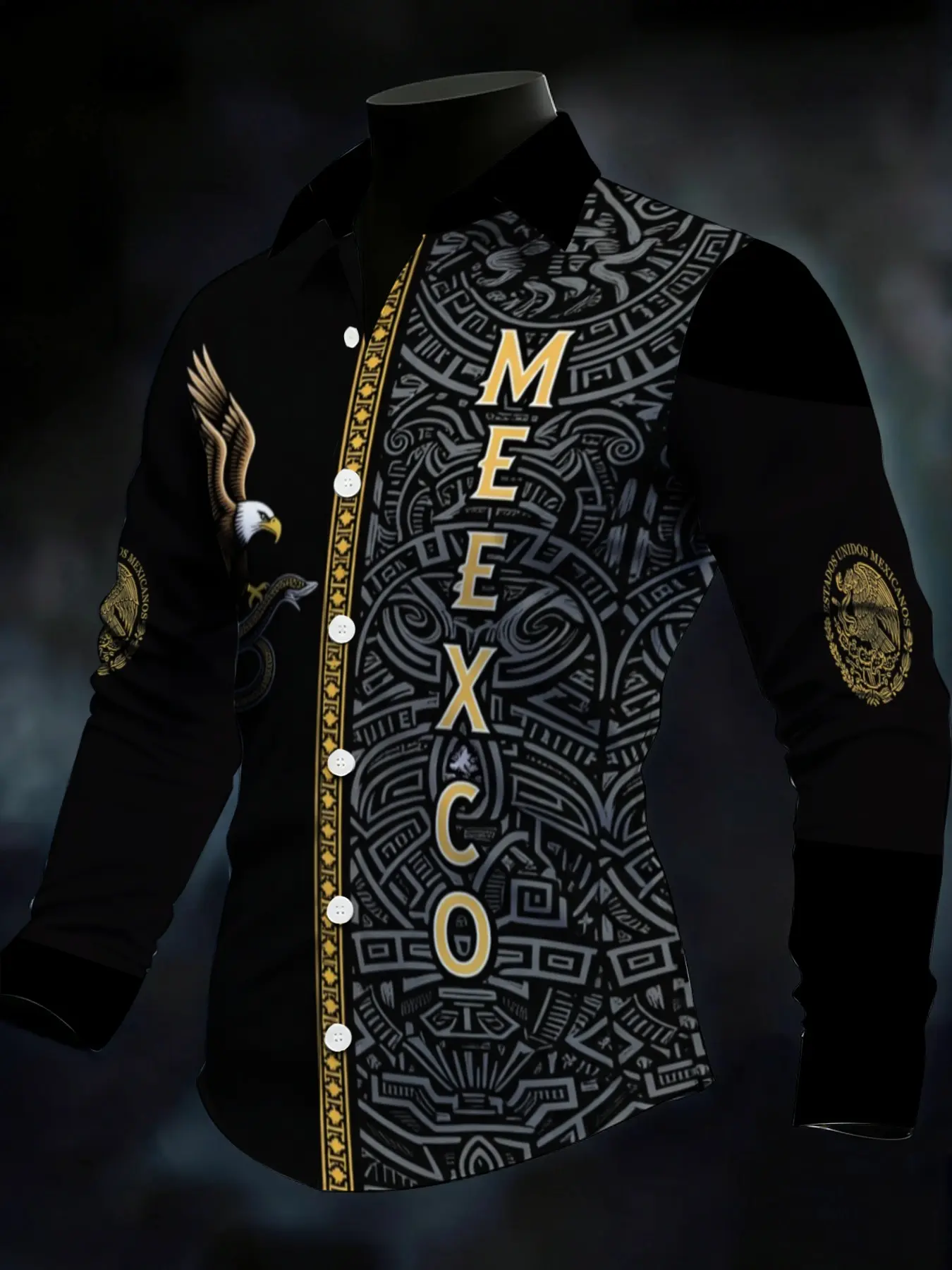Men's Long Sleeve Shirt, Casual Loose Shirt, Mexican Cultural Totem Print Black Background with Gold Letters Eagle Pattern Fashion Casual Business Commuting Top Oversized, Football Game Day Casual Outfit For Mexican Fans Ethnic Retro Printed