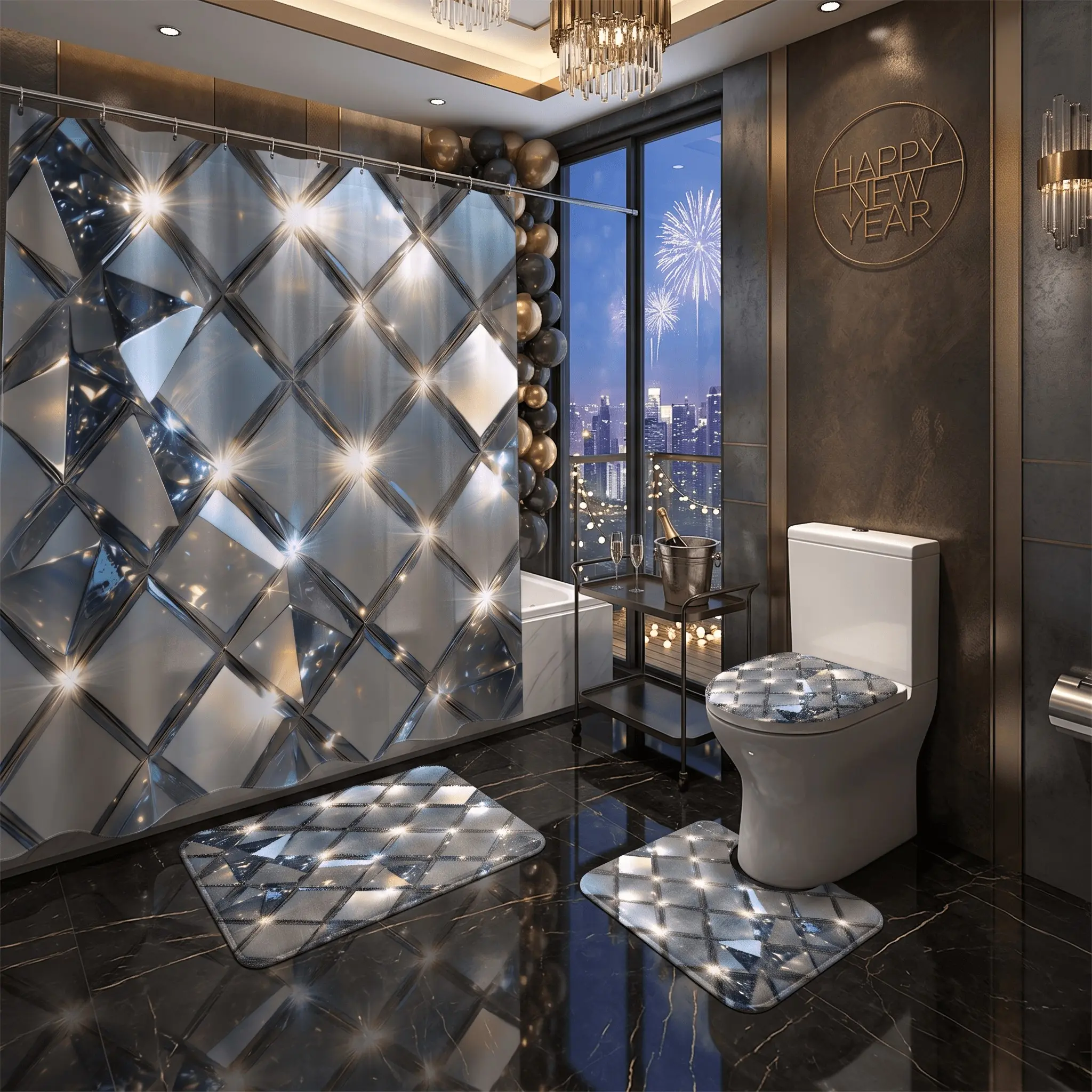 4pcs Modern Glittering Silver Color Diamond Tile Shower Curtain Set, Luxury Floral Pattern Bath Mat,The floor mat fabric is thicker and softer!Perfect New Year Festive Party Guest Restroom Upgrade