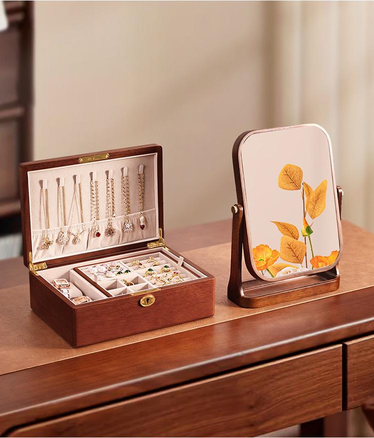 Solid wood embedded double-layer home jewelry box, desktop earring and ring storage box, flip-top lockable accessory storage box
