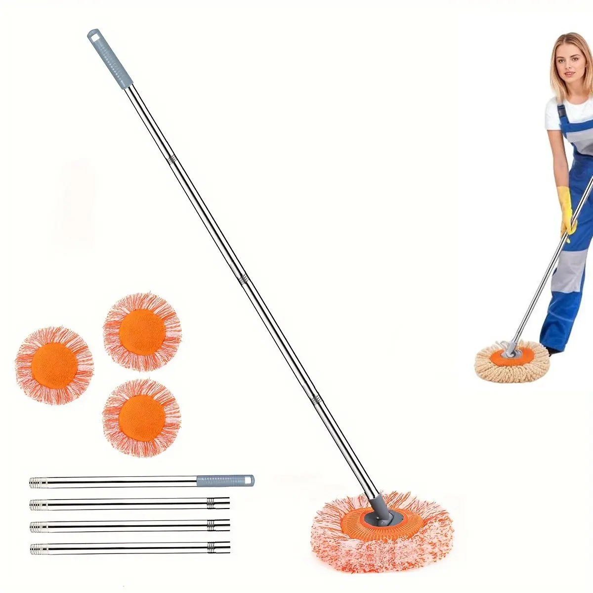 Adjustable 75-Inch Dust Mop with 4 Washable Heads, Multi-Functional Wet and Dry Mop for Floors, Walls, Windows, Ceilings