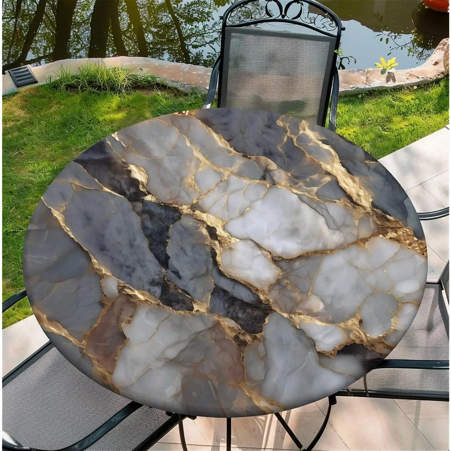 Round Fitted Tablecloth with Elastic Edge, Stain Resistant Waterproof Fabric Table Cover for 53"-60" Round Table, Indoor Outdoor Dining, Kitchen Decor, Camping, Holiday, Party, Gray Marble