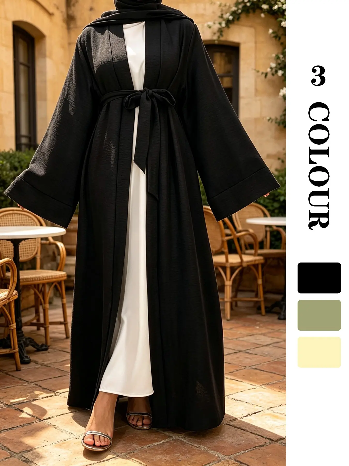 Wide Sleeve Bamboo Modest Islamic Abaya, Side Pockets & Tie Waist, 3 Colors, 5 Sizes, Perfect for Plus Size, Conceals Fat, Convenient, No Headscarf Included