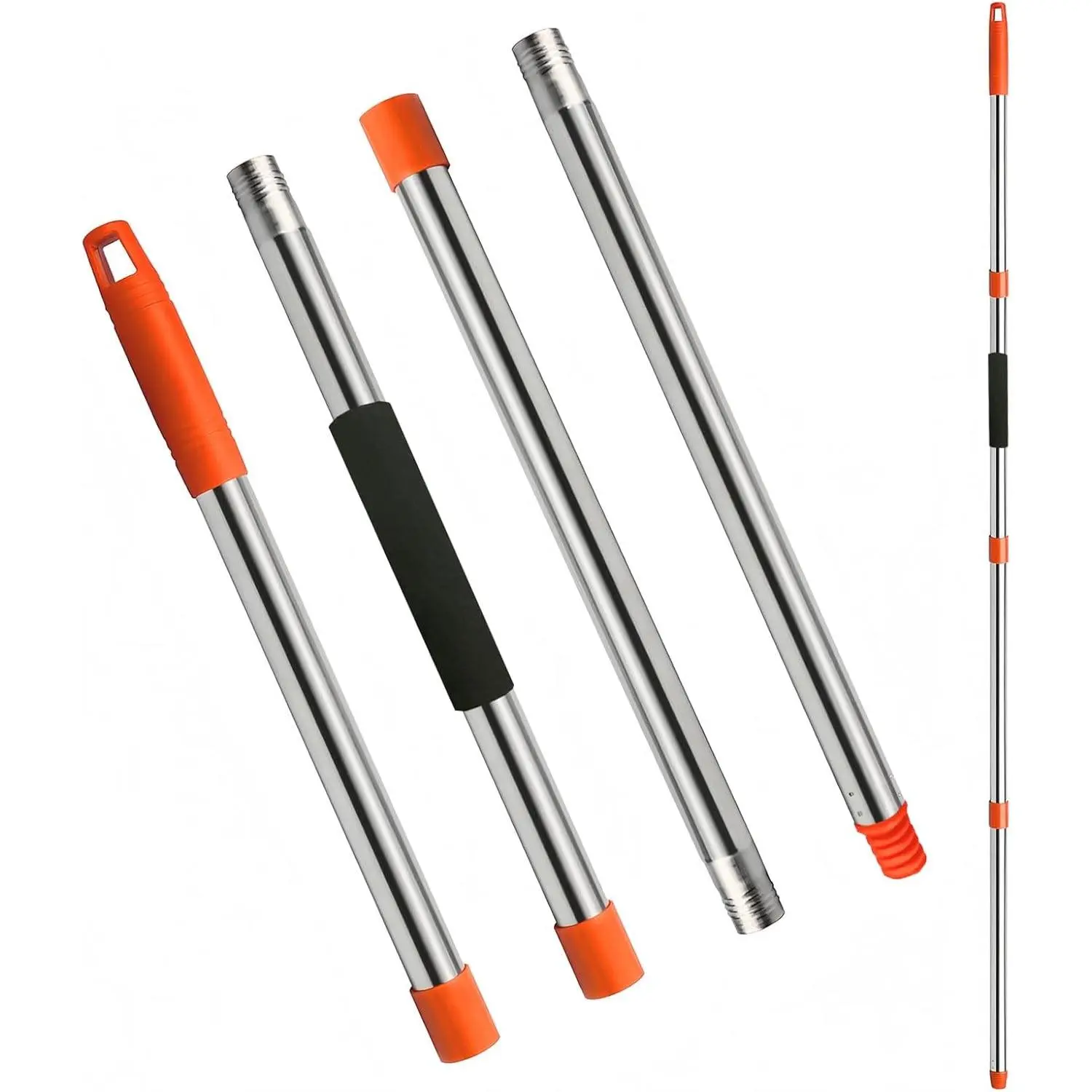 Replacement Mop Handle - 4-Section Adjustable from 30 to 58 Inches - Durable Stainless Steel Pole with American Thread Joint for Spin Mops and Brooms, Orange