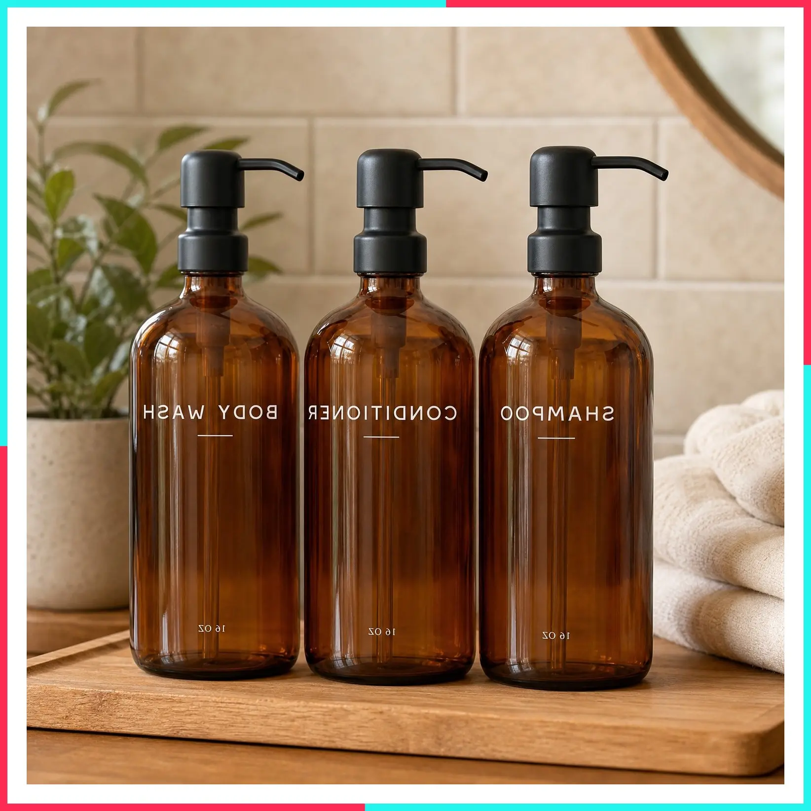 Amber Shampoo and Conditioner Dispenser Set with Pump - Refillable Plastic Shower Bottles for Modern Bathroom Decor, Vacation Rental & Spa