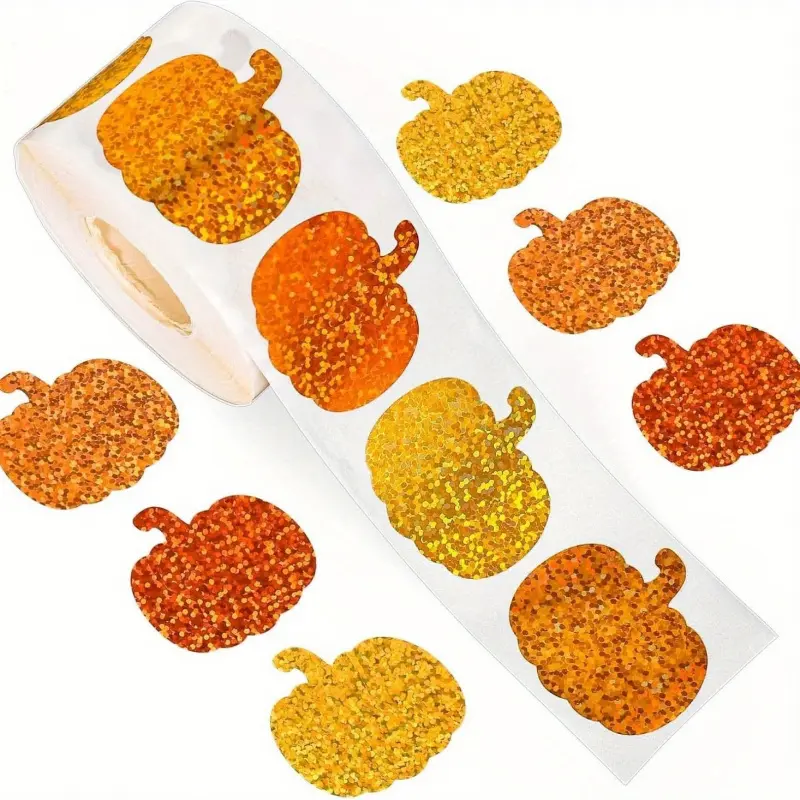 500Pcs Autumn Pumpkin Stickers Roll 3 Color Shiny Fall Stickers for Thanksgiving Halloween Waterproof Self Adhesive Decor for Envelopes Journals Party Supplies Scrapbooking