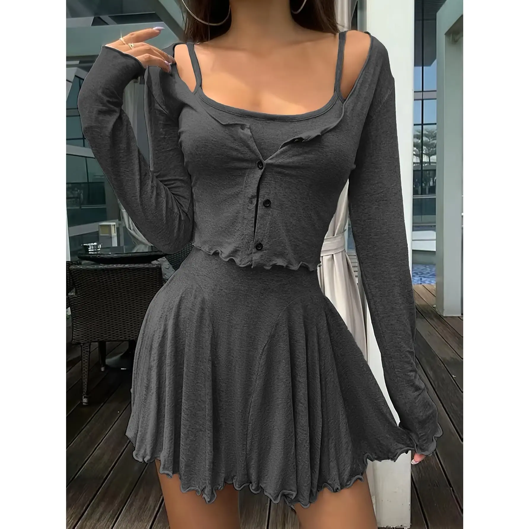 French vintage floral gray long-sleeve coat and suspender dress two-piece set