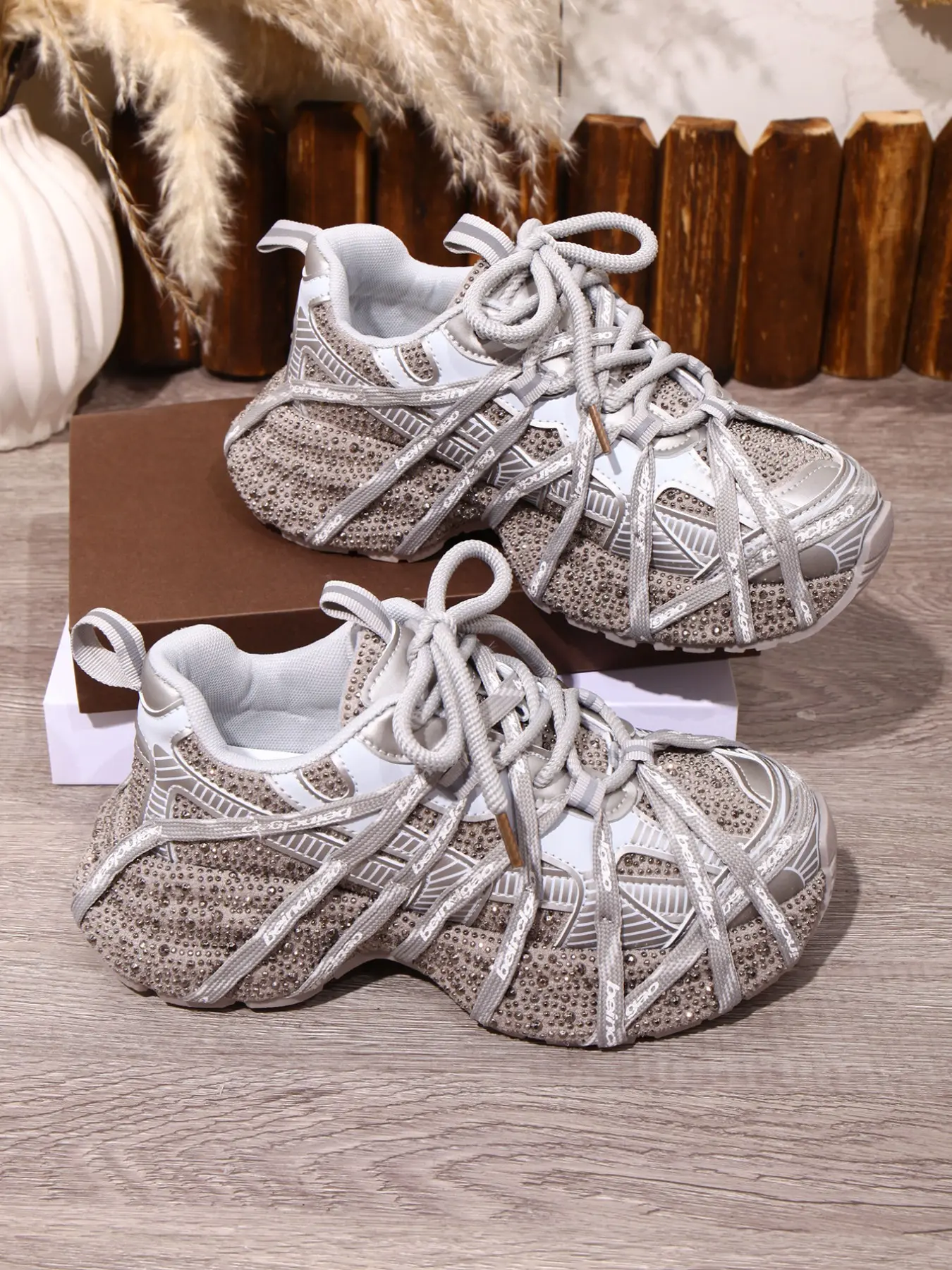 Trendy Rhinestone Strap Dad Shoes, Height-Boosting Retro Patchwork Women's Sneakers, Lightweight Soft Sole Anti-Slip Casual Footwear