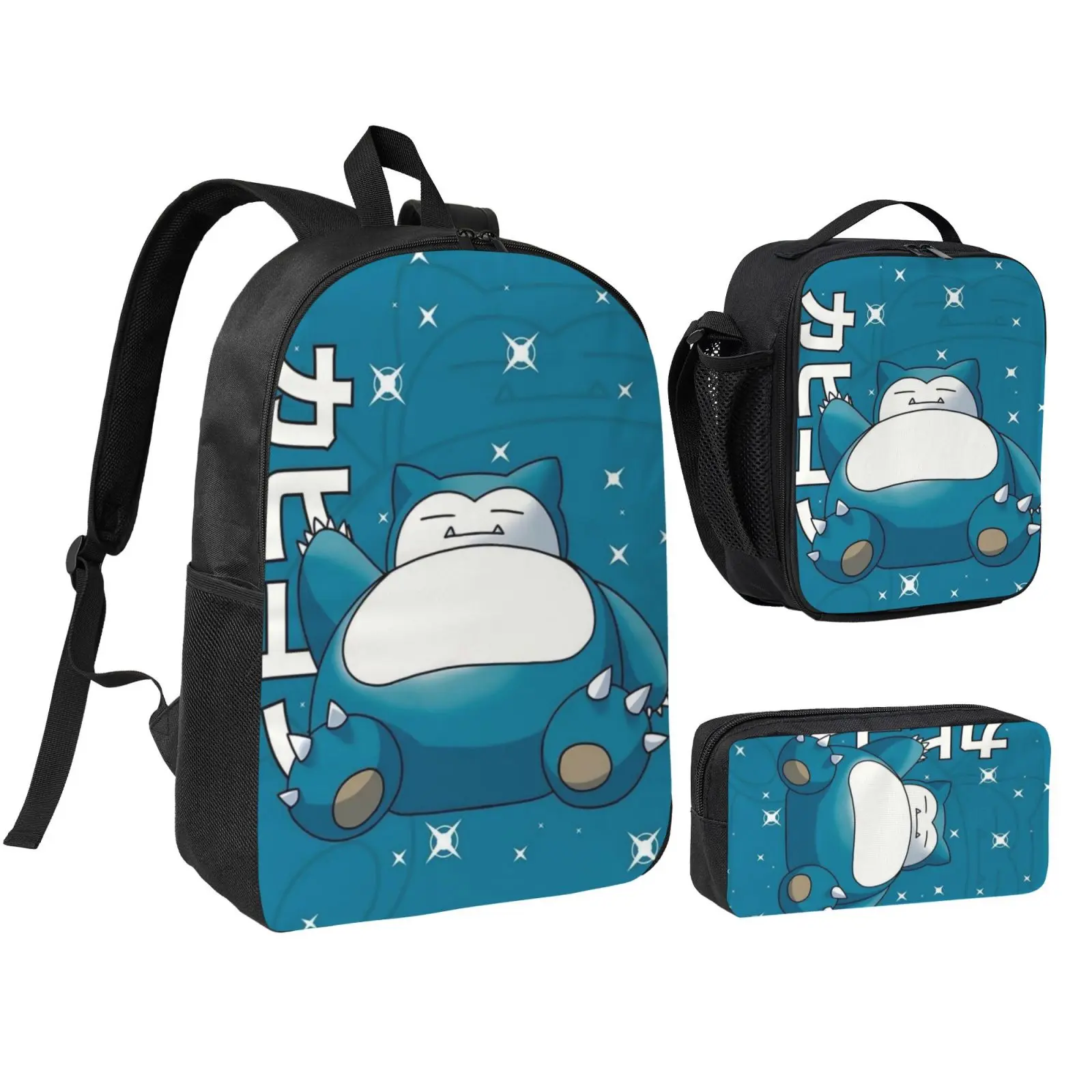 Anime Snorlax2 Kids School Bag Set, Teen Boys Girls Backpack with Adjustable Shoulder Straps, Multipurpose Bookbag with Lunch Box Pencil Bag for School Travel Office Daily Use