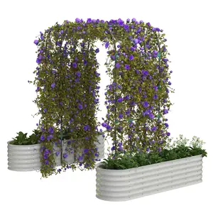 Beige Galvanized Raised Garden Bed with 96" Tall Vertical Arch Trellis, Expandable Rust-Resistant Planter Box Includes Plant Clips and Drainage Netting for Outdoor Plants, Flowers, Herbs & Vines