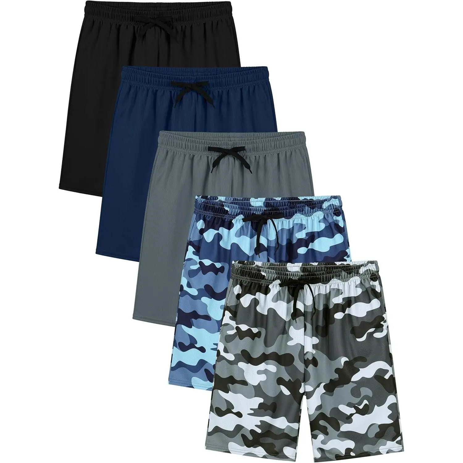 Boys' 5-Pack Mesh Quick-Dry Athletic Pull-On Shorts with Elastic Waist for Summer Playwear (Family Clothing Compatible)