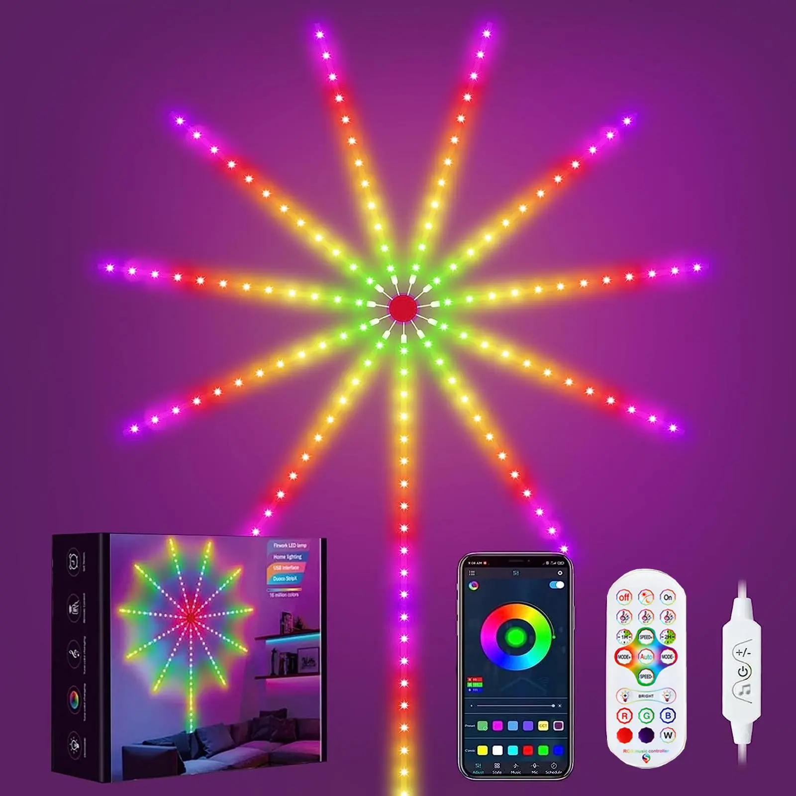 Firework Pattern LED Light, 1 Set RGB Color Changing LED Light with 21-keys Remote Control & App Control, Music Rhythm Light for Home Party Decor, Party Lights