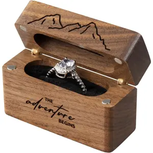 Wooden Engagement Ring Box for Proposal,Wedding,Walnut Wooden case for Little Slim Ring,Pocket Size Secret (The adventure begins)Gift.