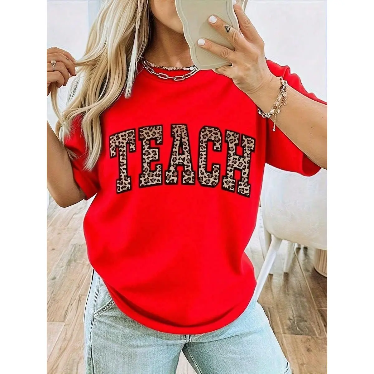 Women's Leopard Print Teacher T-Shirt - Comfortable Round Neck Short Sleeve With LEOPARD SPOT TEACH Design And School Team Letters - Casual Top Suitable For Educators, Teacher's Day Gift, Activities (Black With Brown Letters) - Spring/Summer/Autumn Wear