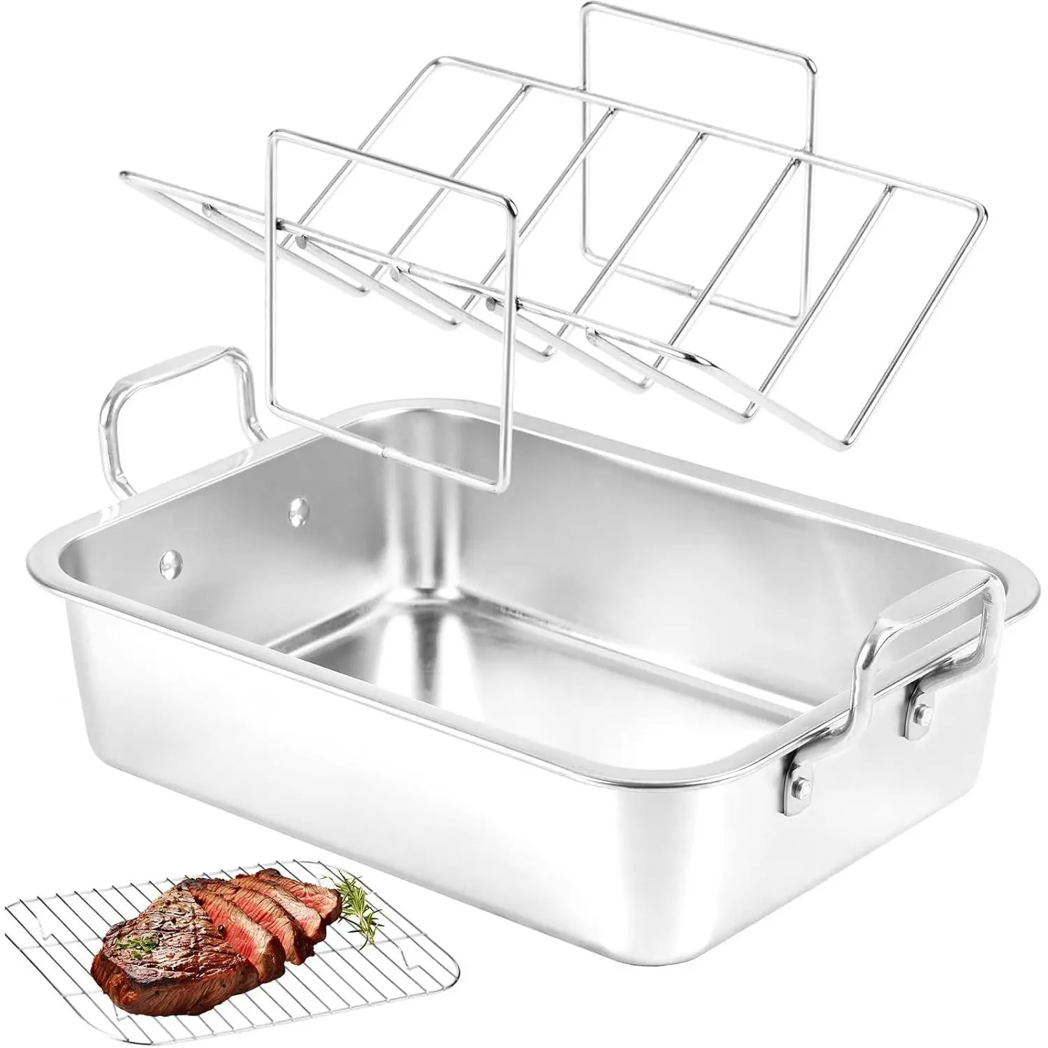 QPMR Roasting Pan with Cooling Rack - Stainless Steel Large Turkey Roaster Pan for Turkey, Chicken, Ham Roaster with V-Shaped Baking Rack Heavy Duty Dishwasher Safe