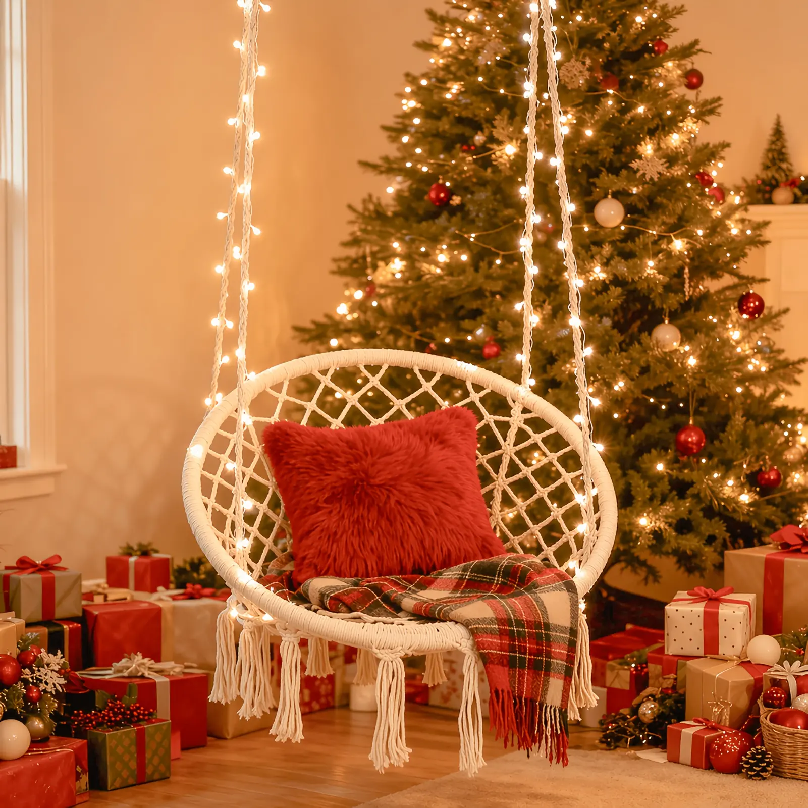 Hanging Chair for Bedroom Hammock Chair Swing with Lights And Hardware Kits Holds Up to 550Lbs Macrame Swing Chair Hanging Cotton Rope Swing Chair for Bedroom, Patio, Deck, Garden And Porch