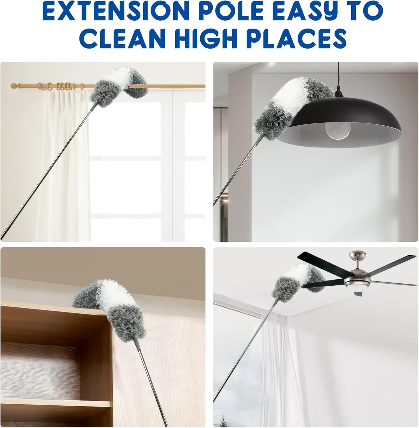Microfiber Feather Duster for Cleaning, Extendable Duster with Telescopic Pole and 2 Replaceable Flexible Heads, Dust Removal Tool Suitable for Ceiling Fans, Furniture, Cars, Home and Kitchen Gadgets