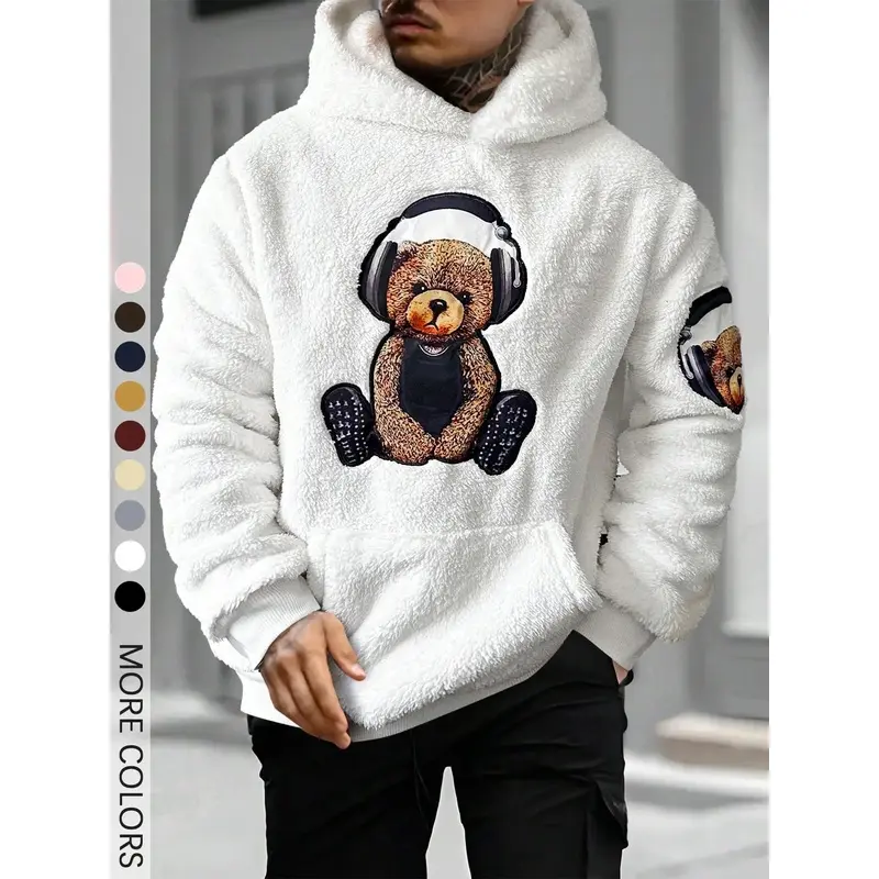 Men's Cartoon Bear Embroidery Pocket Fuzzy Knitted Pullover Hoodie, Fitted Casual Long Sleeve Hooded Sweatshirt for Fall & Winter, Men's Clothes for Daily Wear