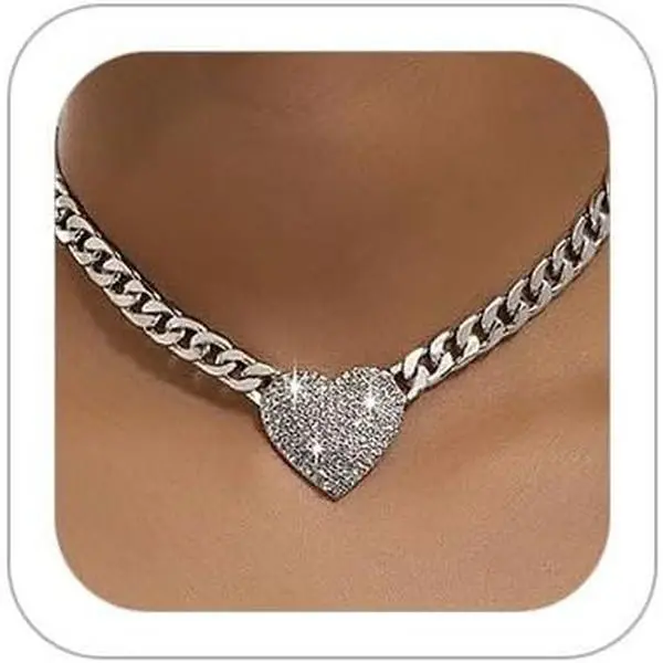 Rhinestone Heart Necklace for Women   Heart Pendant Choker Necklace Cuban Link Chain Love Heart Chunky Necklace Zircon Heart Statement Necklace