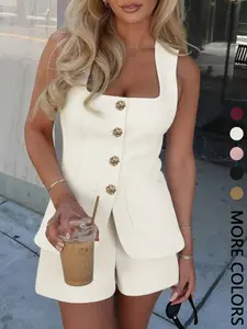 Summer Square Neck Belted Vest + High Waist Wide Leg Shorts Set, Women's Elegant Fitted, OL Style Slimming Two-Piece Set, Womenswear