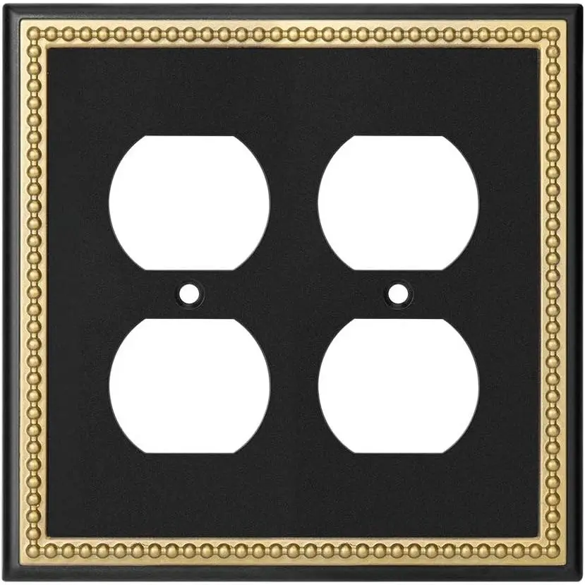 Pearled Frame Decorative Wall Plate  Plate Outlet Cover (Double Duplex, Black & Dark Golden)