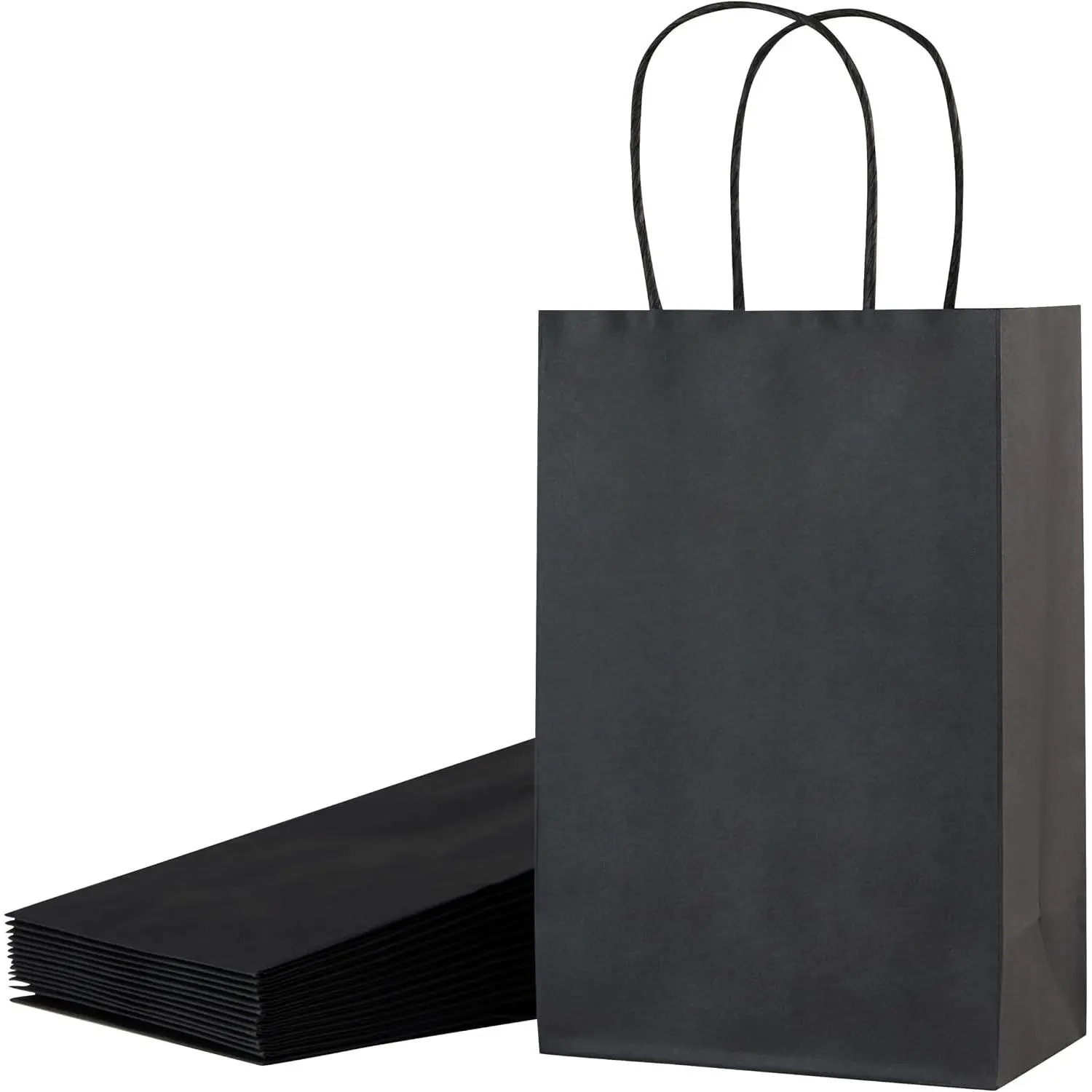 12-Pack Small Black  Bags with Handles, 8 Inch Paper Goodie Bags for Party Favors, Birthdays, Weddings, Halloween