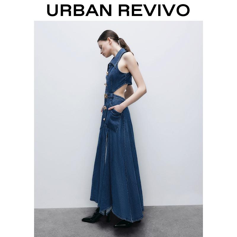 URBAN REVIVO Women's Casual Denim Dresses  Fashion Lapel Sleeveless Cut-Out Sides Slit with Big Pockets UWG850170