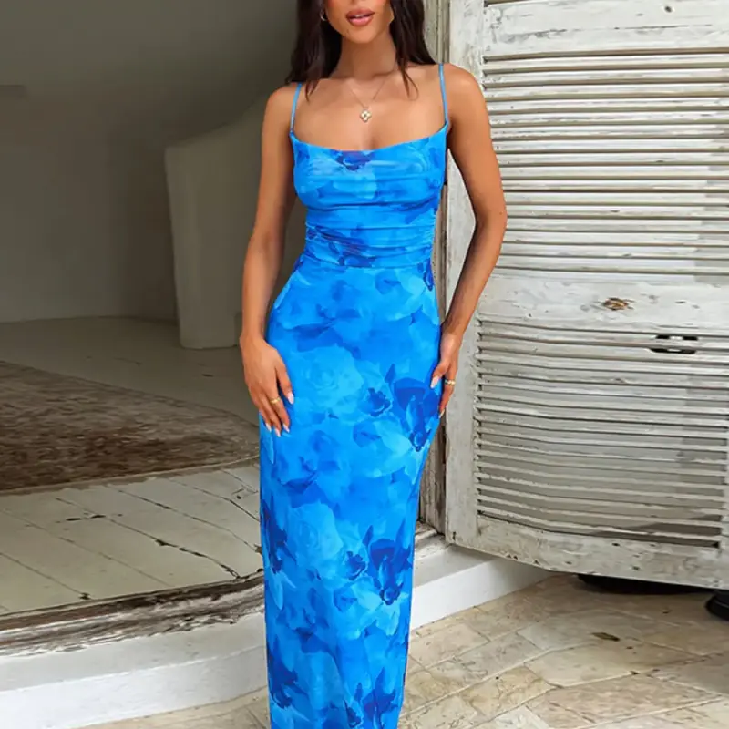 Women's Rose Print Ruched Lace-Up Backless Cami Dress, Casual Chic Elegant Fitted Lightweight Sleeveless Spaghetti Strap Bodycon Long Dress for Summer, Women's Dress for Beach Holiday, #GLOBAL PICKS