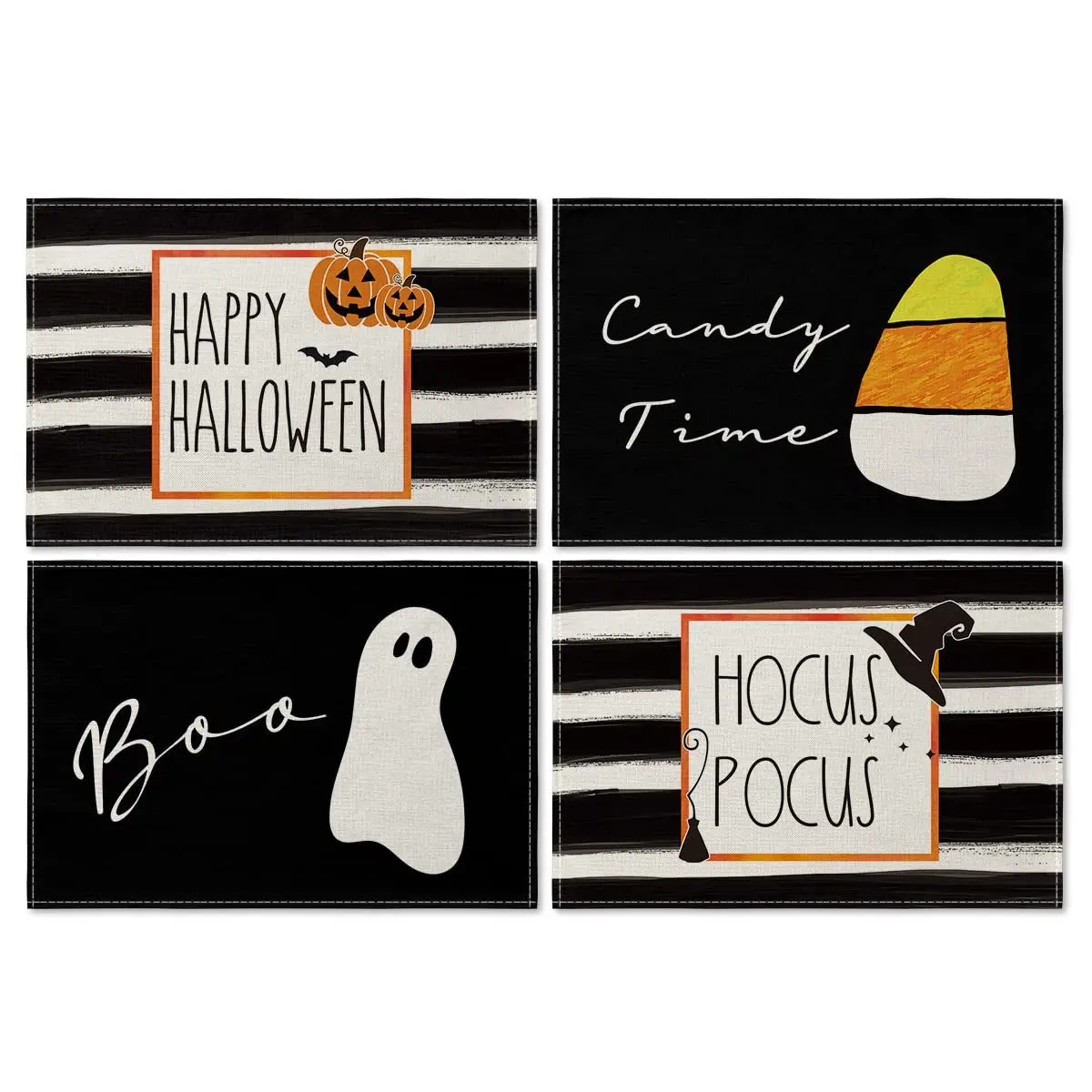 4 Piece Halloween Table Mats Set, Bat Ghost Pumpkin Design, Seasonal Decor for Parties Kitchen Restaurant, Halloween Decoration