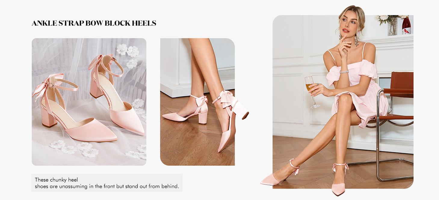 Coutgo Womens Chunky Heels Low Heel Ankle Strap D'Orsay Pumps Closed Pointed Toe Wedding Bridal Shoes
