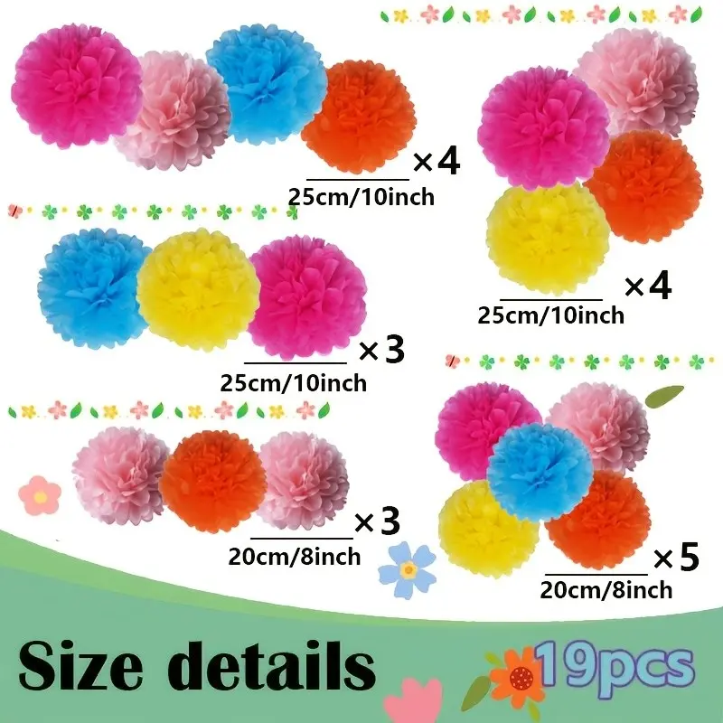 Christmas Halloween 19 Piece Bright Paper Pom Poms Hanging Decor, Papier Mâché Balls for Wedding, Ceiling, Outdoor, Birthday Party