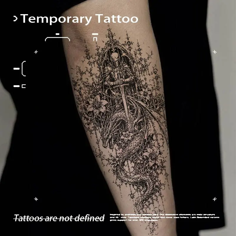 Dark Gothic Design Cathedral Knight Dragon Floral Herbal Juice Semi Permanent Temporary Tattoo Sticker Waterproof Long Lasting Fake Body Tattoo Unisex Appeal Forearm Medieval Body Art Decal