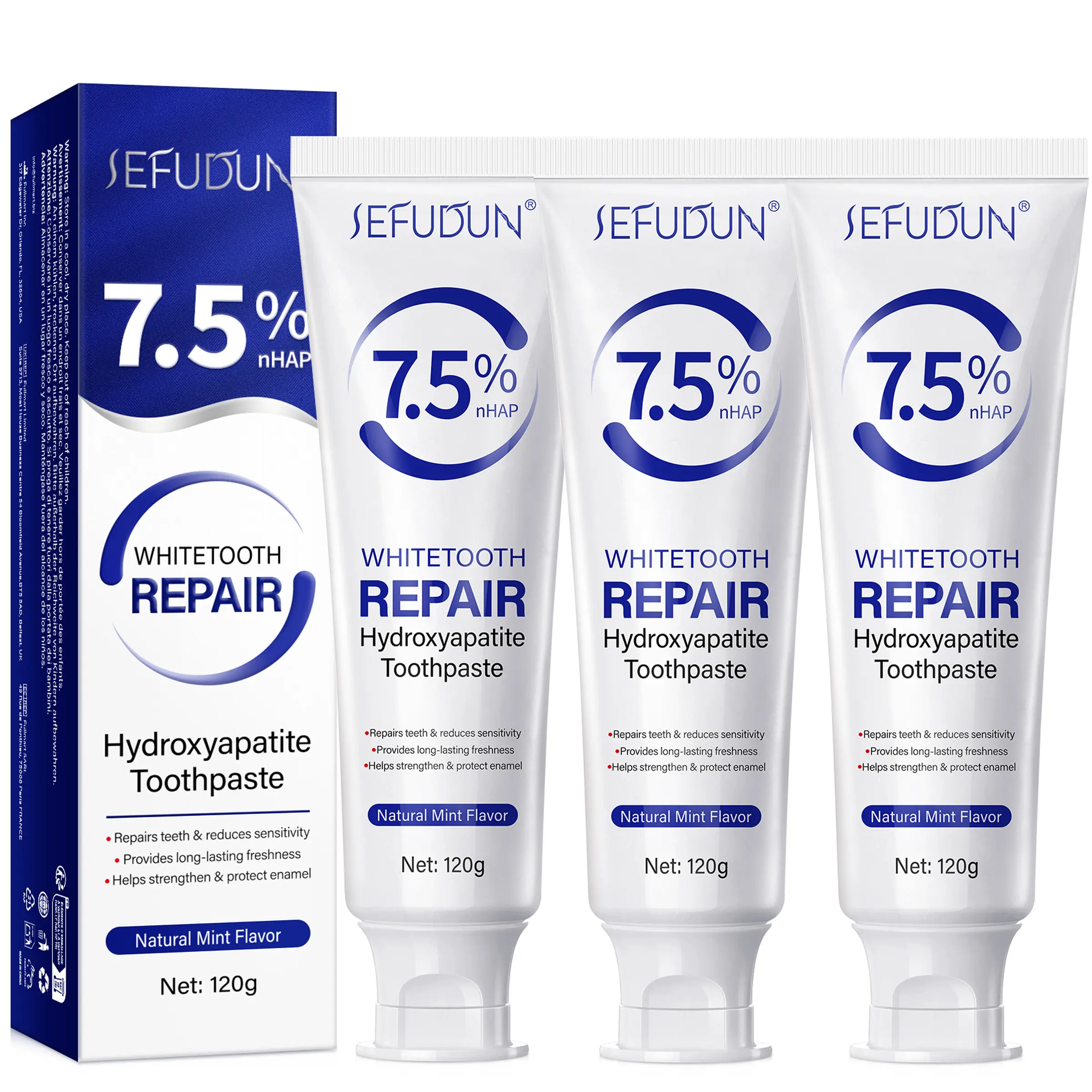 SEFUDUN 7.5% Hydroxyapatite Toothpaste, 120g, Pack of 3 – Protects enamel, fluoride-free | Strengthens teeth, mild mint flavour, freshens breath, for daily use, maintains oral health (mild mint flavour)