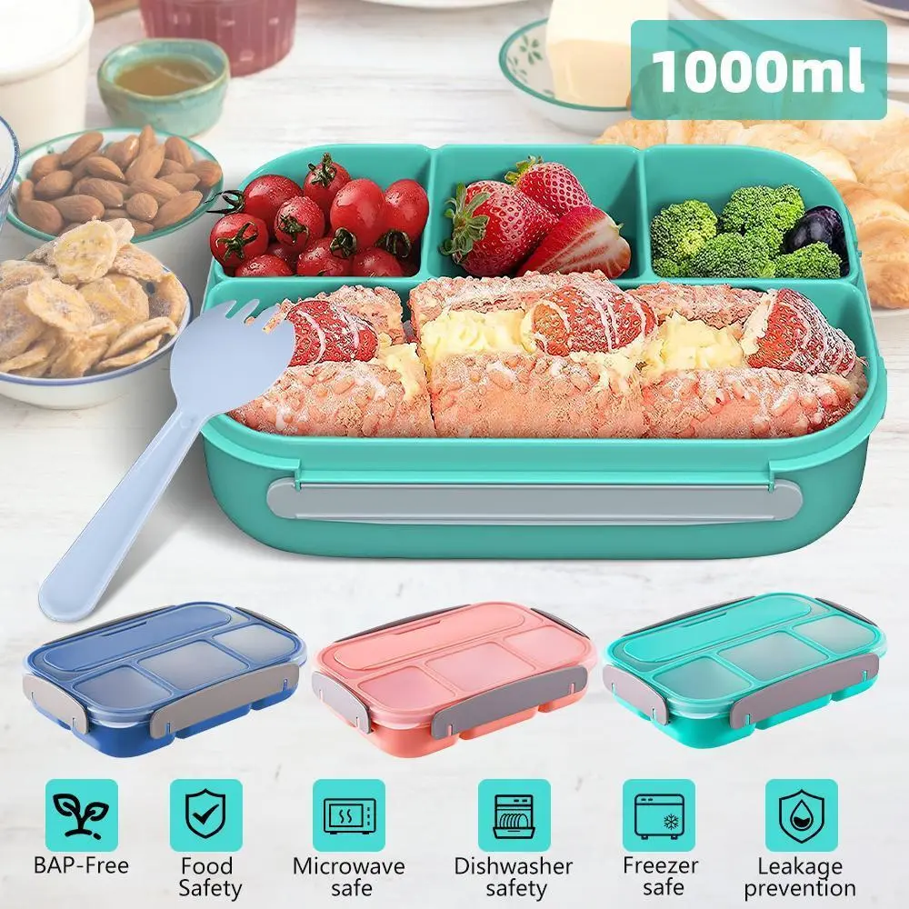 3-in-1 Lunch Box, 1000ml BPA-Free Bento Box with 4 Compartments, Leakproof Reusable Food Container with Spoon for School, Work & Travel