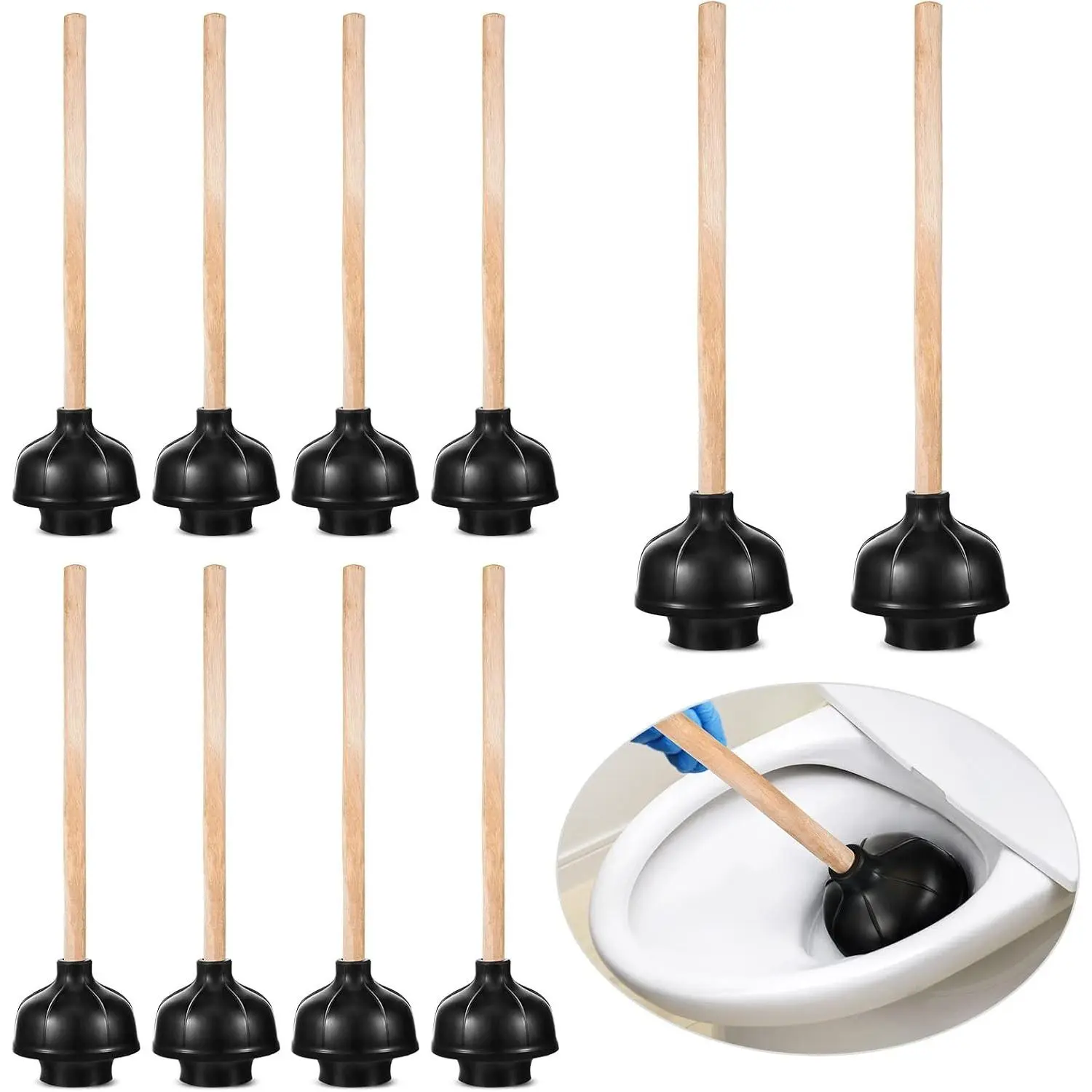 10 Pcs 18 Inch Heavy Duty Bulk Black Commercial Toilet Plungers with Double Thrust Force Rubber Suction Cup and Long Wooden Handle for Bathroom Stores Restaurants