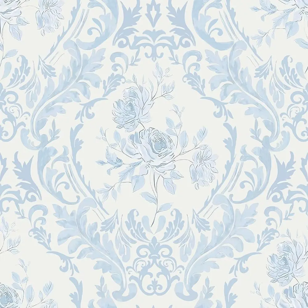 Elegant Light Blue Damask Rose Wall Mural, Classic Baroque Floral Scroll Print Peel And Stick Wallpaper For Room Decoration