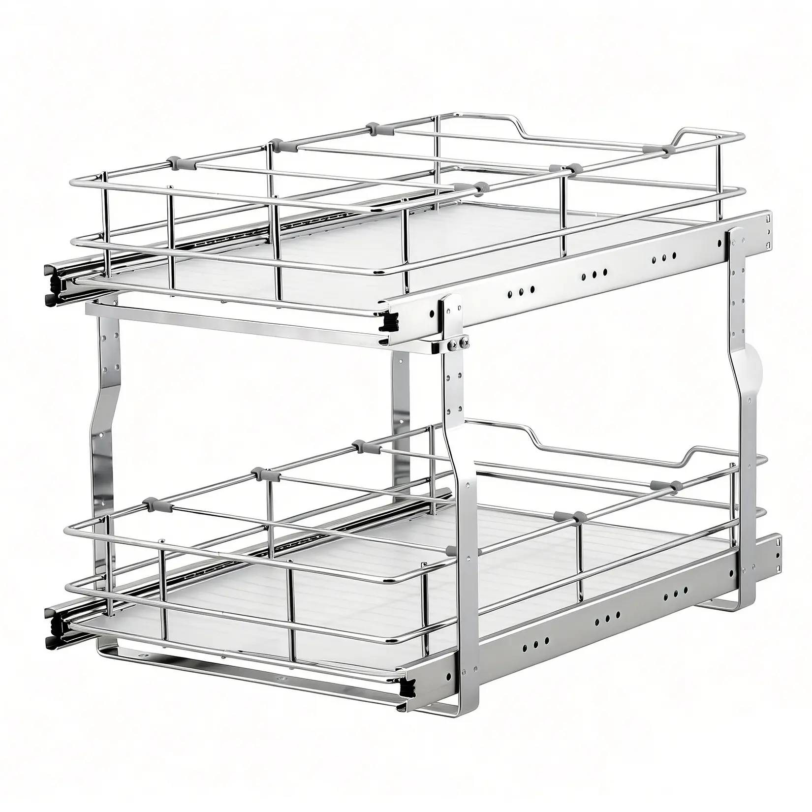 Garvee Heavy-Duty 2-Tier Pull-Out Cabinet Organizer Basket, Smooth-Glide Sliding Drawer Shelf w/ Guide Rails, Electroplated Carbon Steel, 14 x 21 in, Space-Saving Kitchen Cabinet Storage