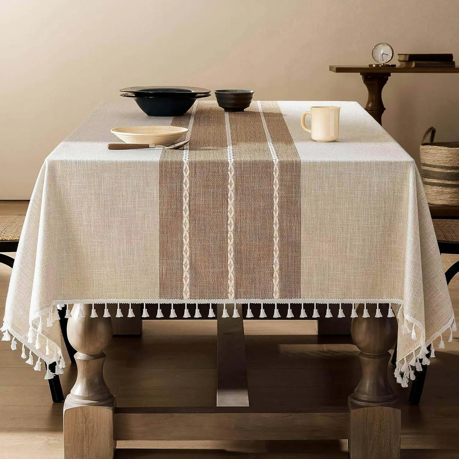 Contrast Linen Table Cloth 52x70 Inch (Fit 3ft-4ft, Narrow Fit for 5ft Rectangle Table), Brown Farmhouse Heavy Weight Beige Tablecloth, Water Resistant Burlap Table Cover