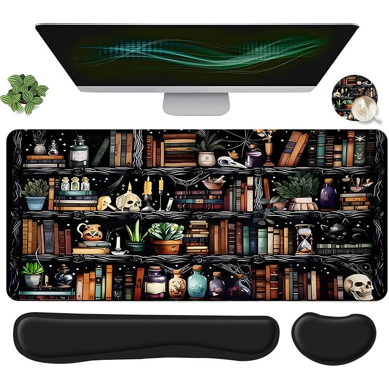 Magic Library Pattern Mouse Pad Set, Mouse Pad & Keyboard Wrist Rest & Coaster, Ergonomic Wrist Support, Computer Mat, Suitable for Home Office Gaming