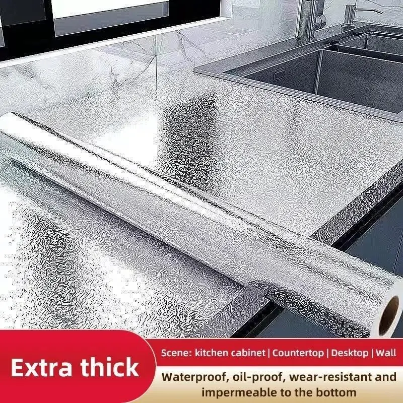 Contact Paper Roll - Extra Thick Aluminum Foil, Self-Adhesive, Heat Resistant & Waterproof Countertop Wrap, Oil-Proof Liner for Kitchen Cabinets, Functional Decor, Pre-Pasted Roll, Aluminum Foil Paper