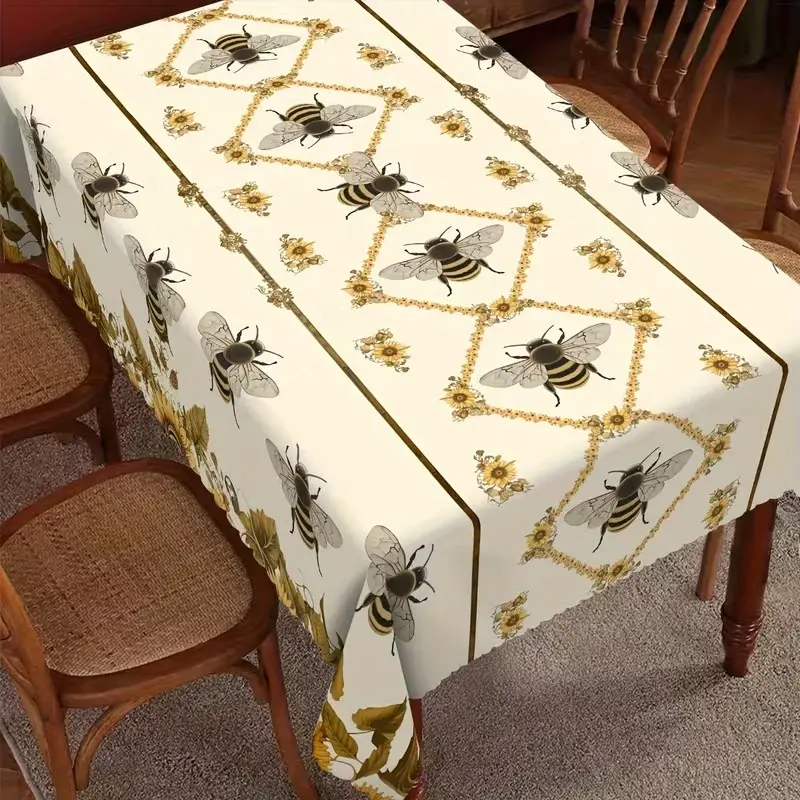 2D Flat Party Tablecloth 1pc, Rectangular Sunflower Bee Design, Indoor Outdoor Use, Perfect for Gatherings & Dinners, No Power Needed
