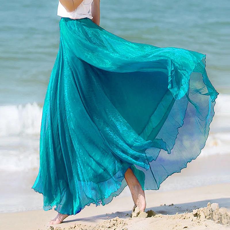 2025 New Fashion Women Chiffon Long Skirts High Waist Floor Length Ruffles White Summer Boho Maxi Skirt Saia Longa Faldas