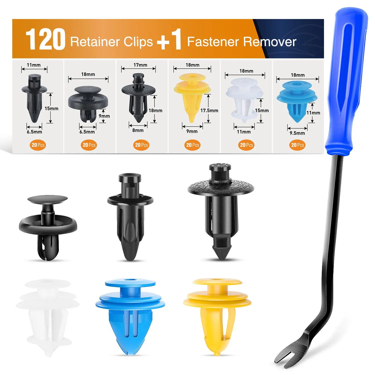 GOOACC 120PCS Car Bumper Retainer Clips & Fasteners Rivet Kit 6.5mm 8mm 9mm 9.5mm 11mm for Toyota Dashboard Panel Front Fender Lining Front Bumper Door Trim Panel, with 1PC Fastener Remover (GRC-151)