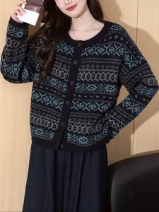 Women's Elegant Classic Patterned Cardigan Sweater Coat, Long Sleeve Drop Shoulder Design, Fall & Winter Fashion Outerwear