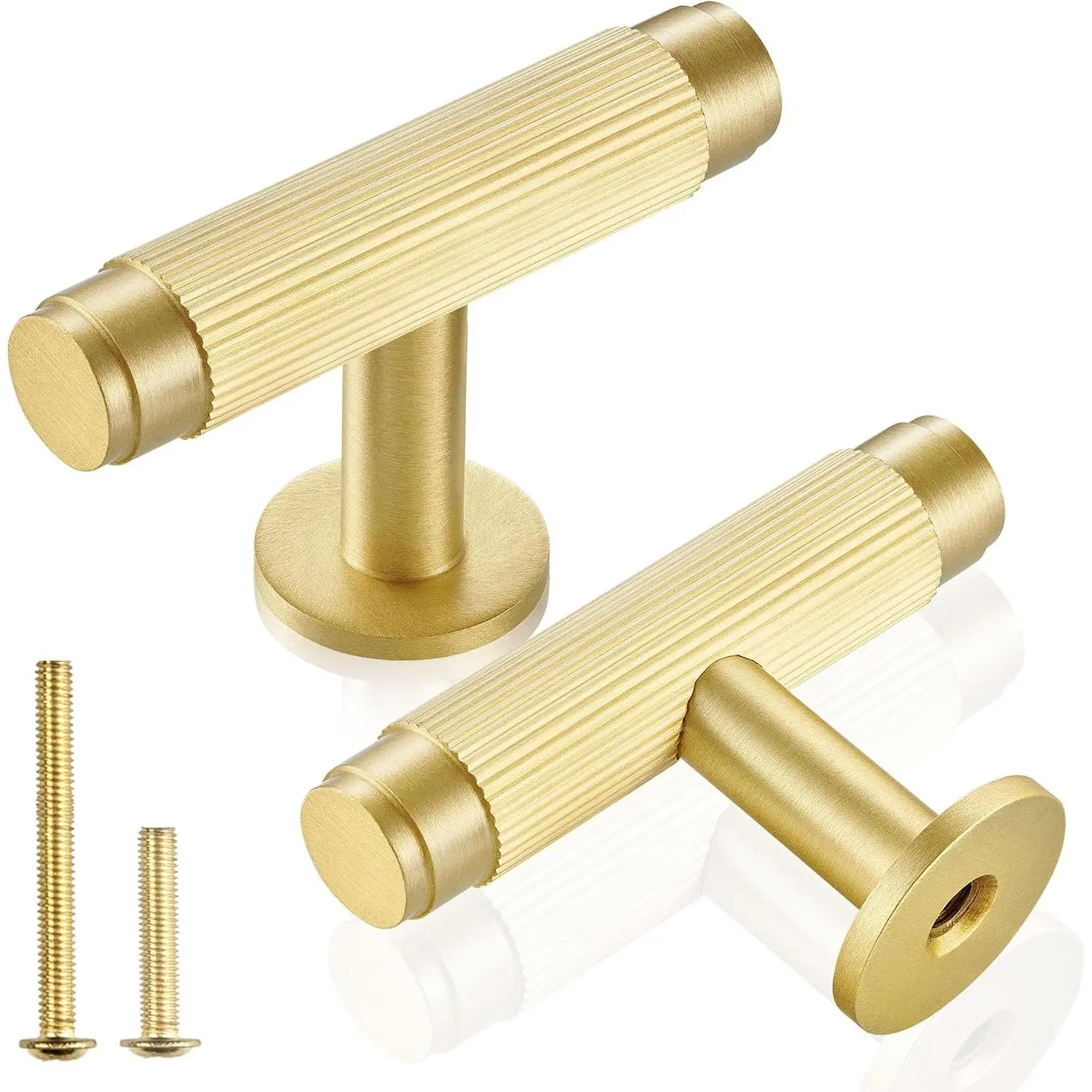 Eleganza 5-Pack Solid Brass Cabinet Knobs - Grooved T-Bar Single Hole Handles with Brushed Finish, 2.1-in Length for Cabinets Drawers Cupboard