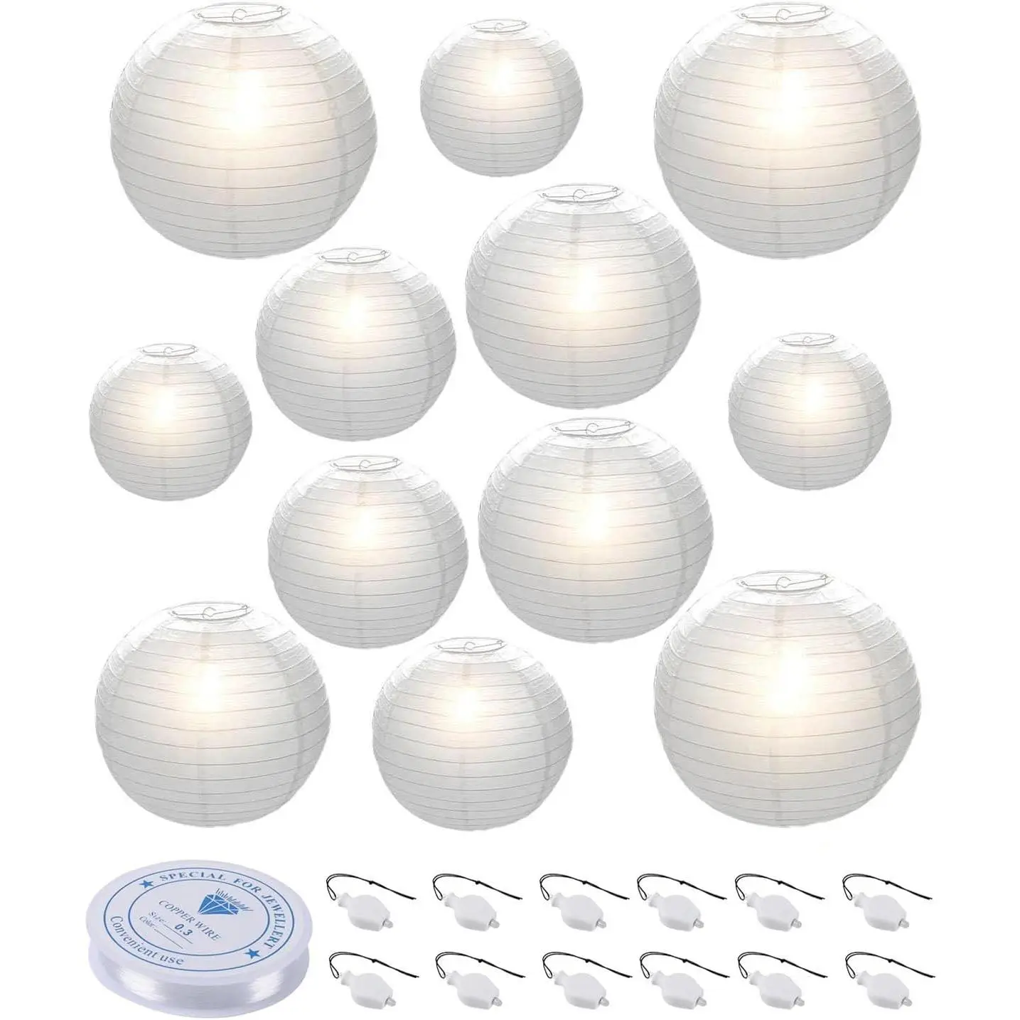 12-Pack White Paper Lanterns with LED Lights, Chinese Festive & Home Party Decorations